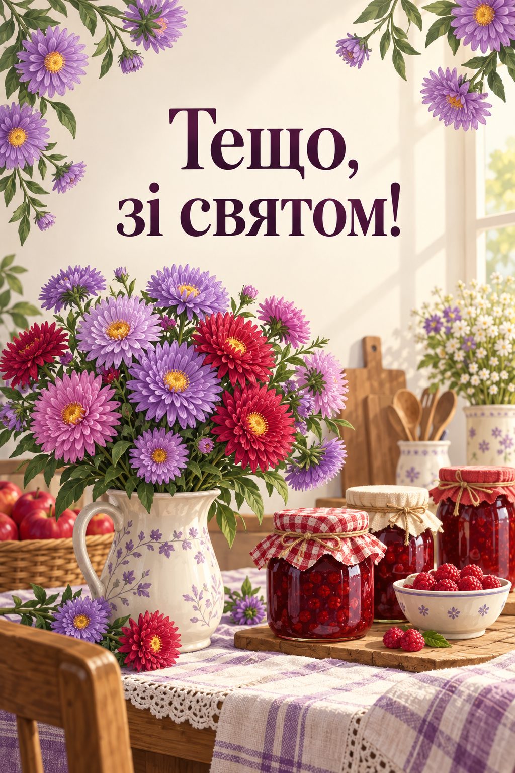 Листівка з днем народження рідним по шлюбу: букет айстр і слоїки варення, напис «Тещо, зі святом!»