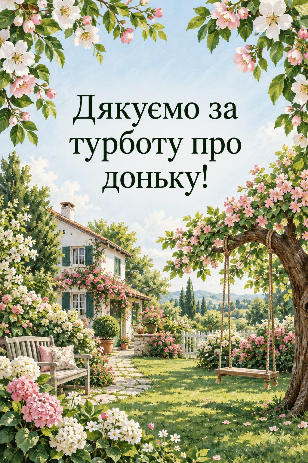 Листівка з днем народження рідним по шлюбу: будинок із квітучим садом, лавкою й гойдалкою, напис «Дякуємо за турботу про доньку!»