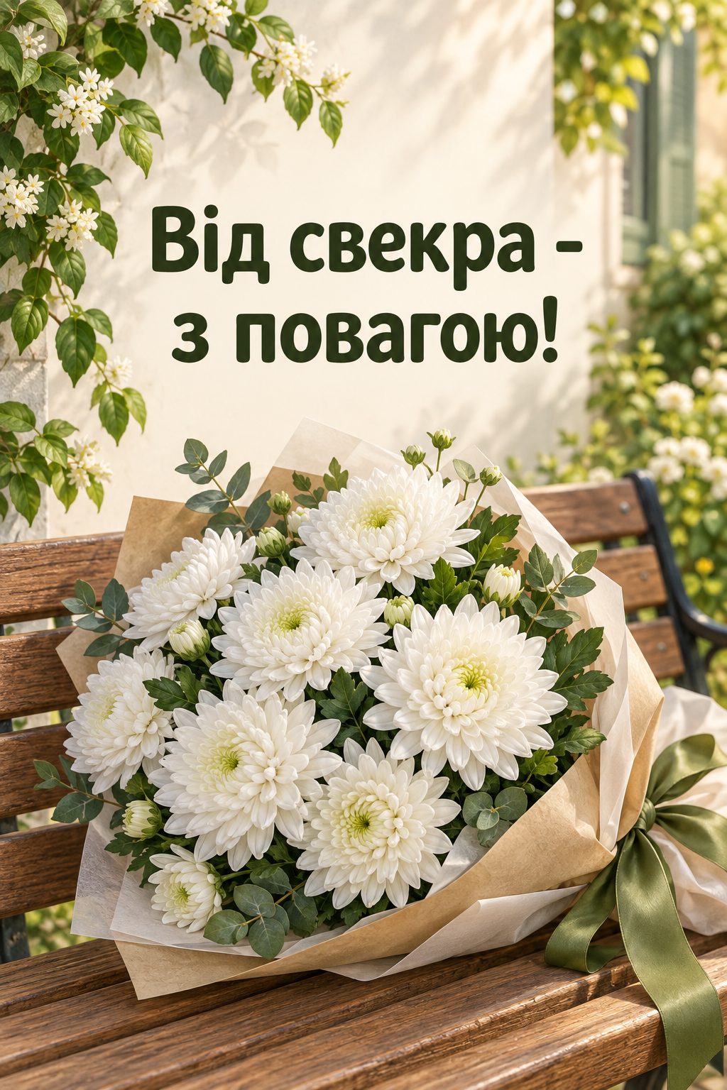 Листівка з днем народження рідним по шлюбу: великий букет білих хризантем на лавці, напис «Від свекра - з повагою!»