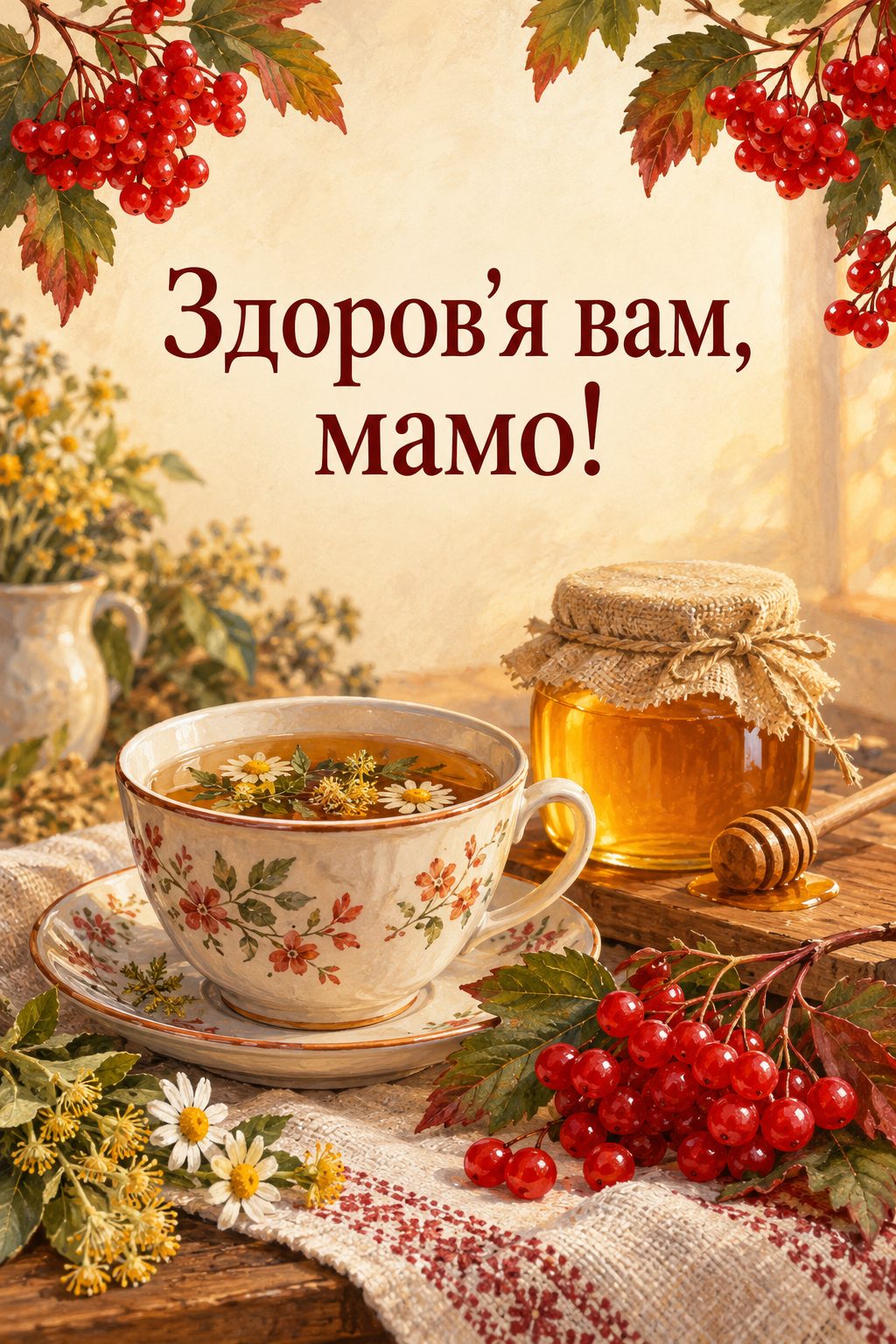 Листівка з днем народження рідним по шлюбу: трав'яний чай, мед і гілка калини, напис «Здоров'я вам, мамо!»