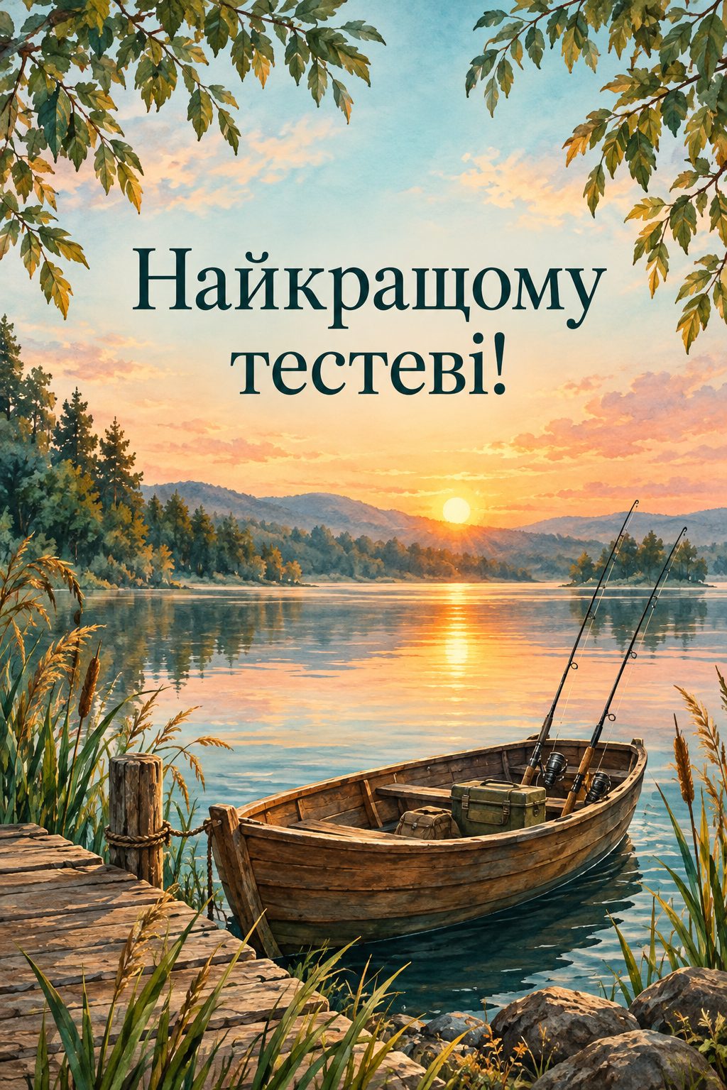 Листівка з днем народження рідним по шлюбу: човен із вудками на тихому озері, напис «Найкращому тестеві!»