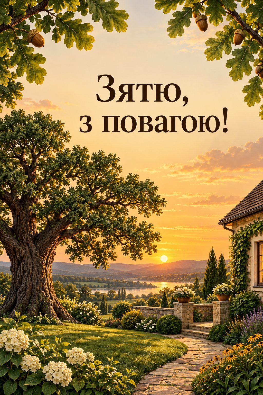 Листівка з днем народження рідним по шлюбу: дуб біля будинку із садом, напис «Зятю, з повагою!»