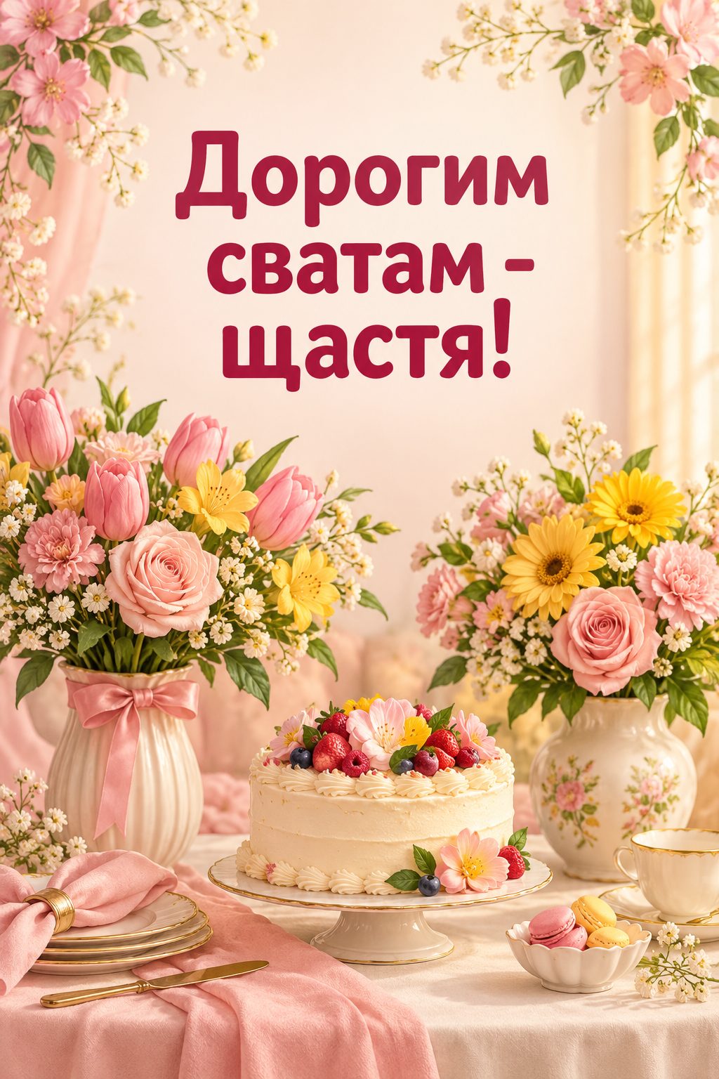 Листівка з днем народження рідним по шлюбу: два букети у вазах і торт на святковому столі, напис «Дорогим сватам - щастя!»