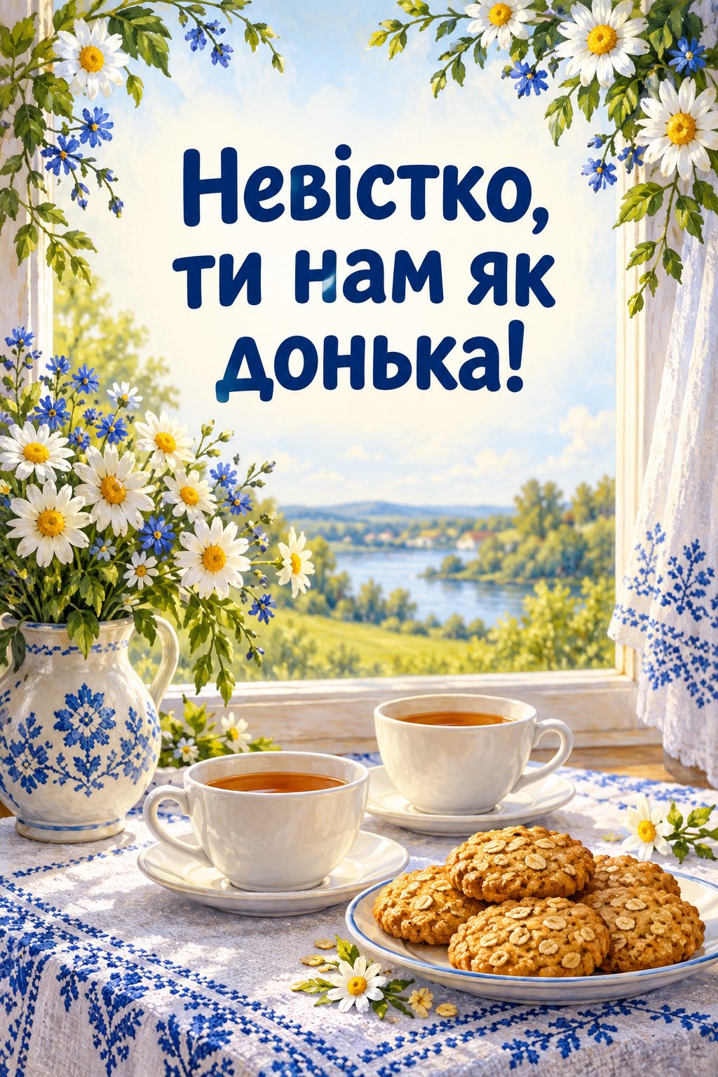 Листівка з днем народження рідним по шлюбу: дві чашки чаю й домашнє печиво на вишитій скатертині, напис «Невістко, ти нам як донька!»