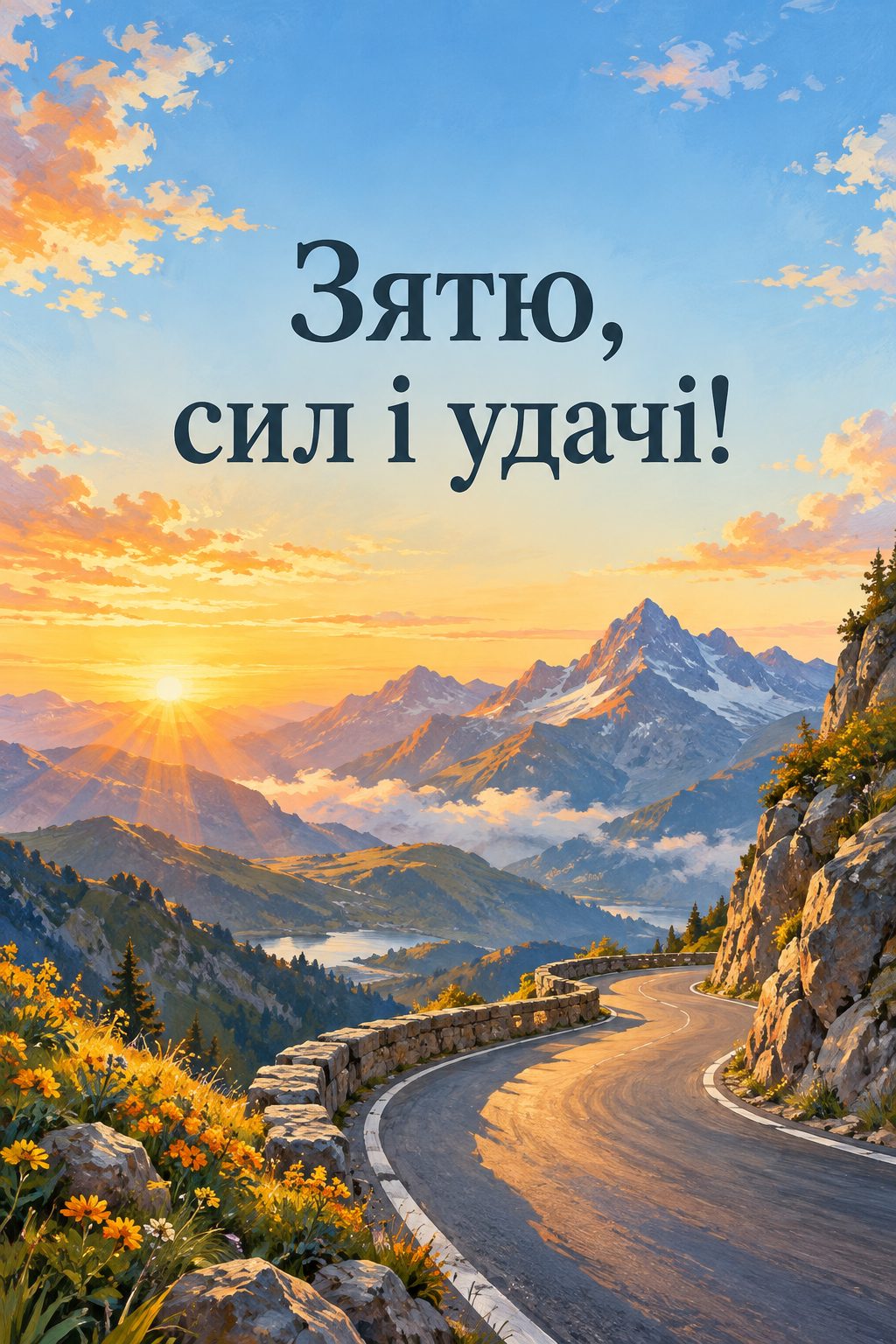 Листівка з днем народження рідним по шлюбу: гірська дорога на світанку, напис «Зятю, сил і удачі!»