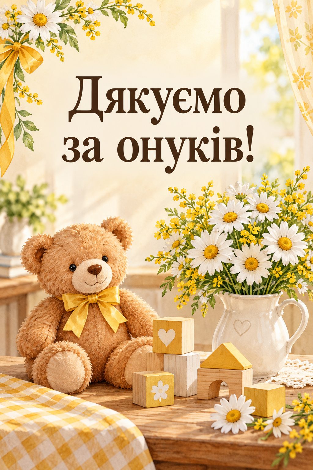 Листівка з днем народження рідним по шлюбу: ведмедик, кубики й букет ромашок, напис «Дякуємо за онуків!»