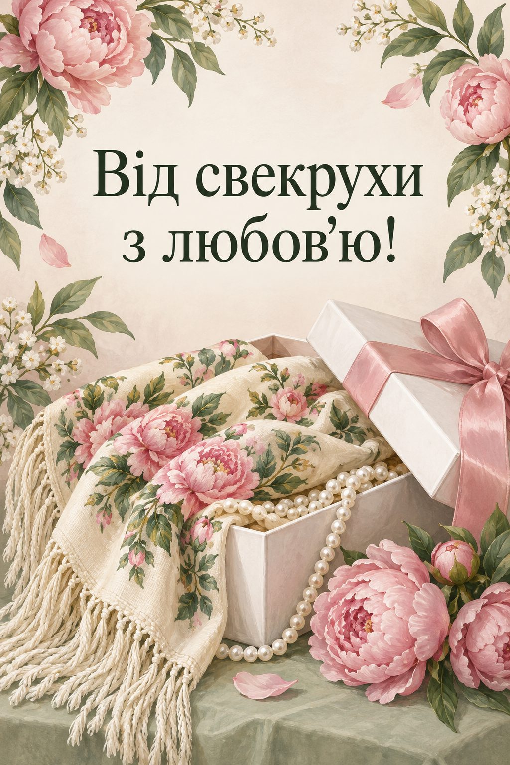 Листівка з днем народження рідним по шлюбу: квітчаста хустка й перлове намисто в подарунковій коробці, напис «Від свекрухи з любов'ю!»
