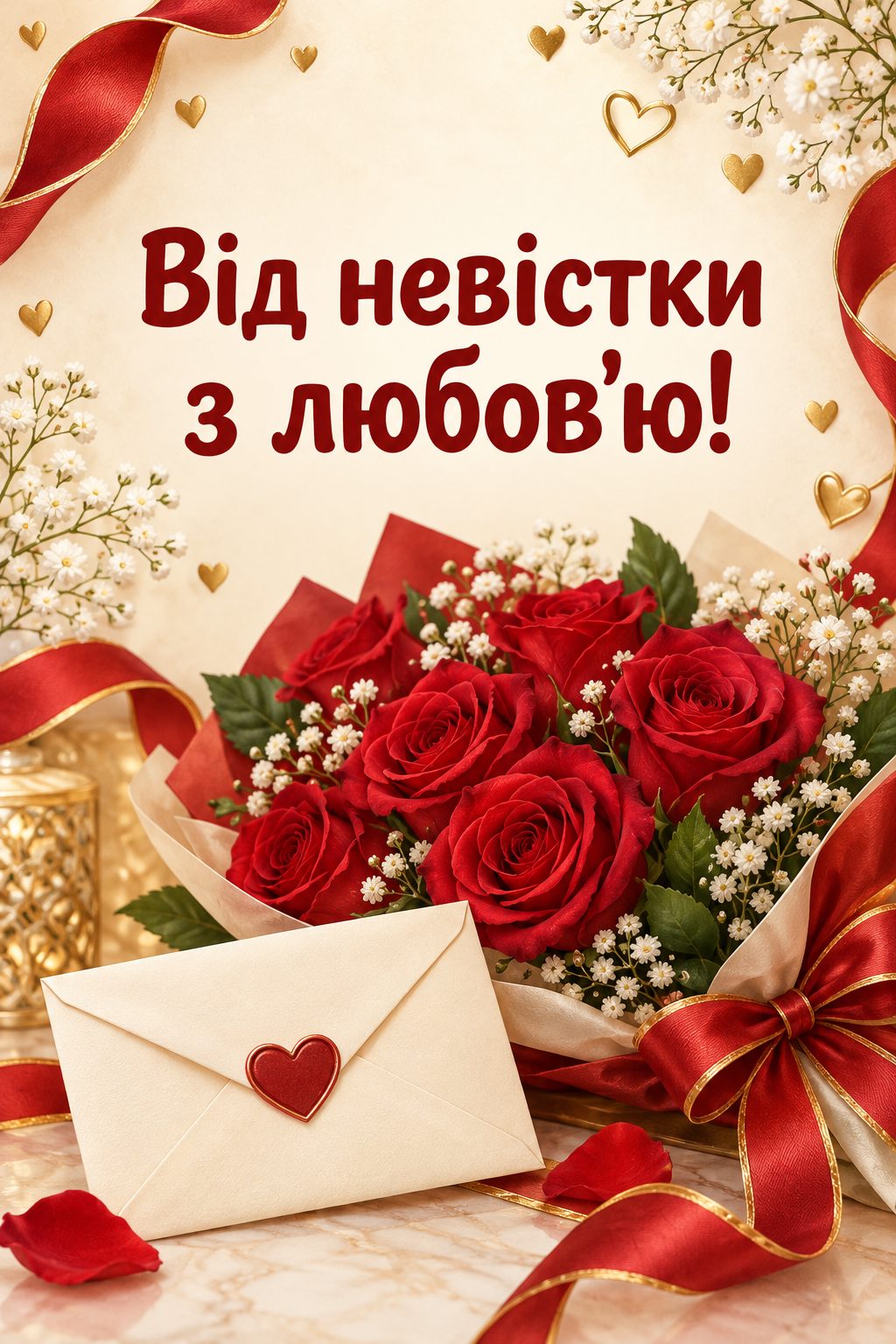 Листівка з днем народження рідним по шлюбу: конверт із сердечком і букет троянд, напис «Від невістки з любов'ю!»