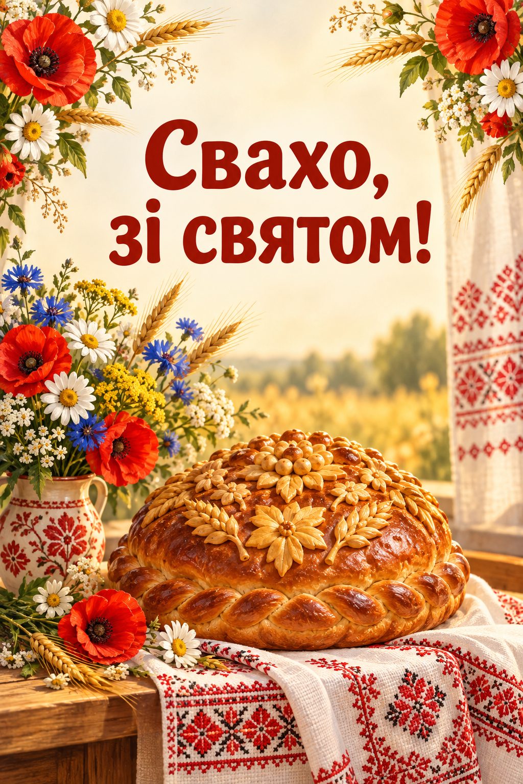 Листівка з днем народження рідним по шлюбу: коровай на рушнику й букет польових квітів, напис «Свахо, зі святом!»