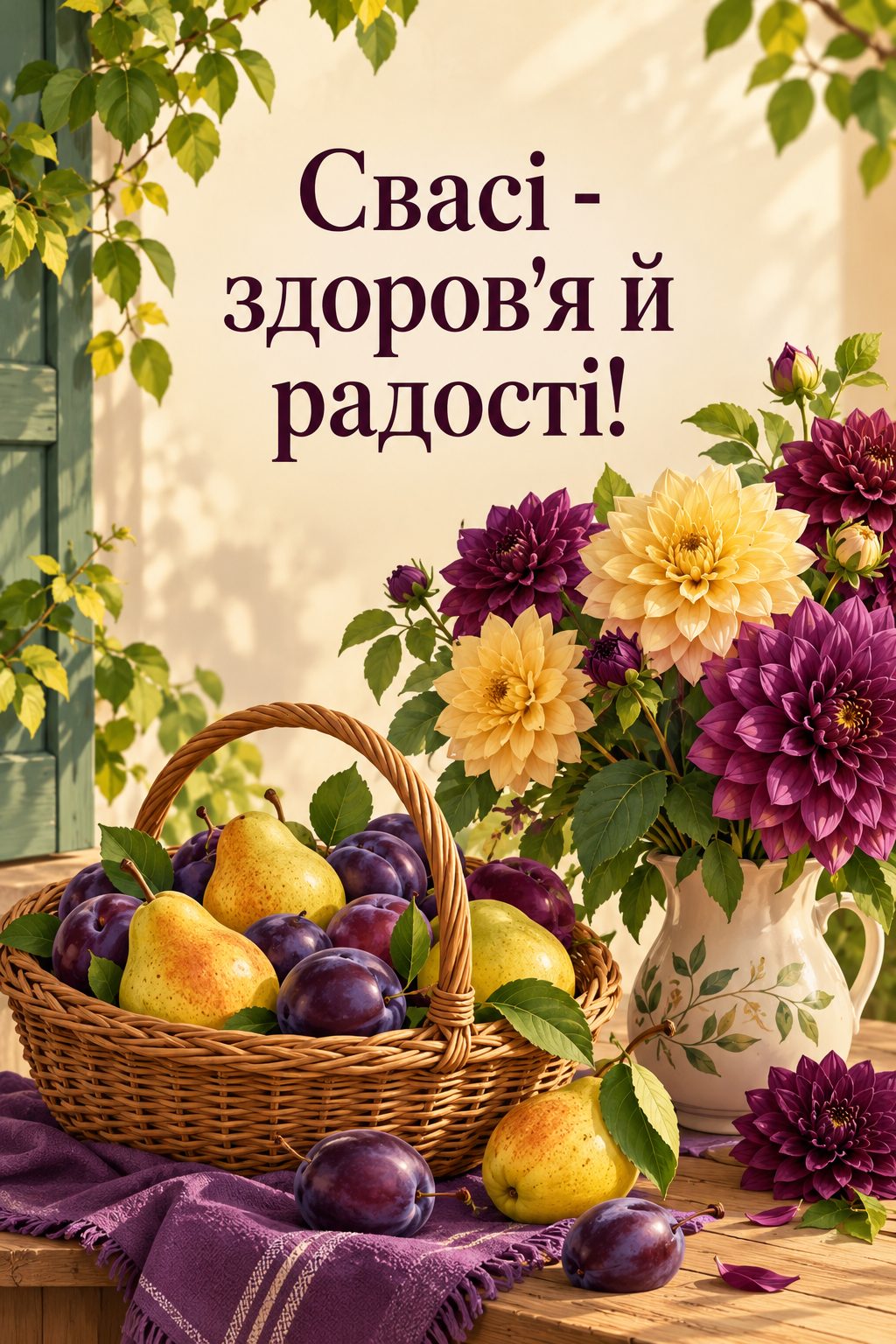 Листівка з днем народження рідним по шлюбу: кошик груш і слив та букет жоржин, напис «Свасі - здоров'я й радості!»