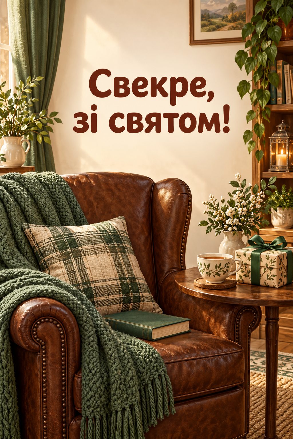 Листівка з днем народження рідним по шлюбу: шкіряне крісло, книжка, чай і подарунок, напис «Свекре, зі святом!»