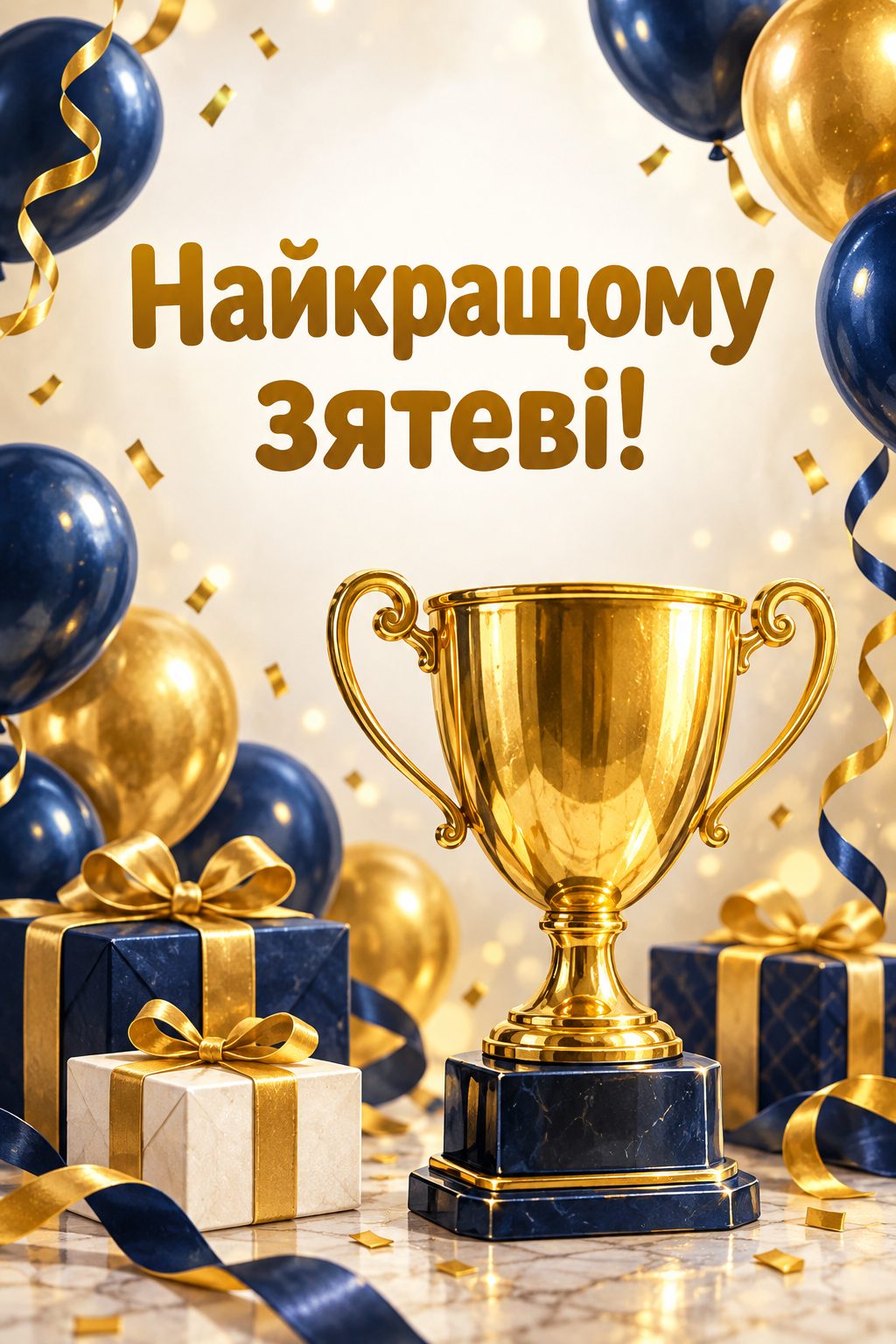 Листівка з днем народження рідним по шлюбу: золотий кубок і сині та золоті кульки, напис «Найкращому зятеві!»
