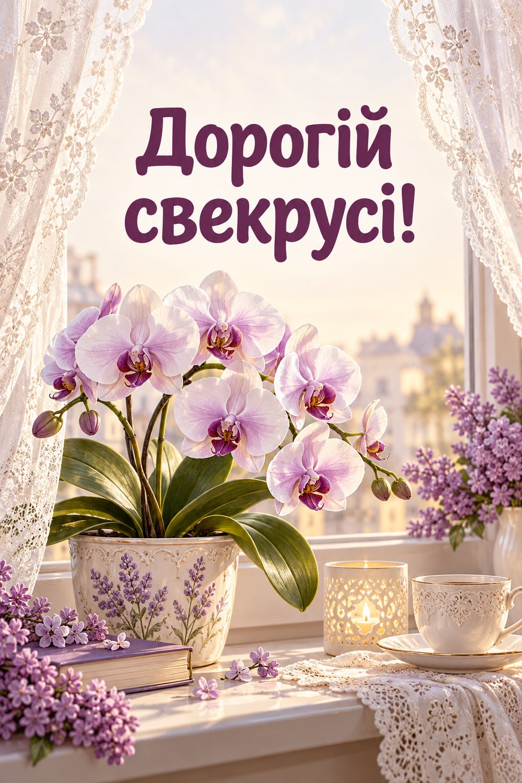 Листівка з днем народження рідним по шлюбу: орхідея на підвіконні з мереживними фіранками, напис «Дорогій свекрусі!»