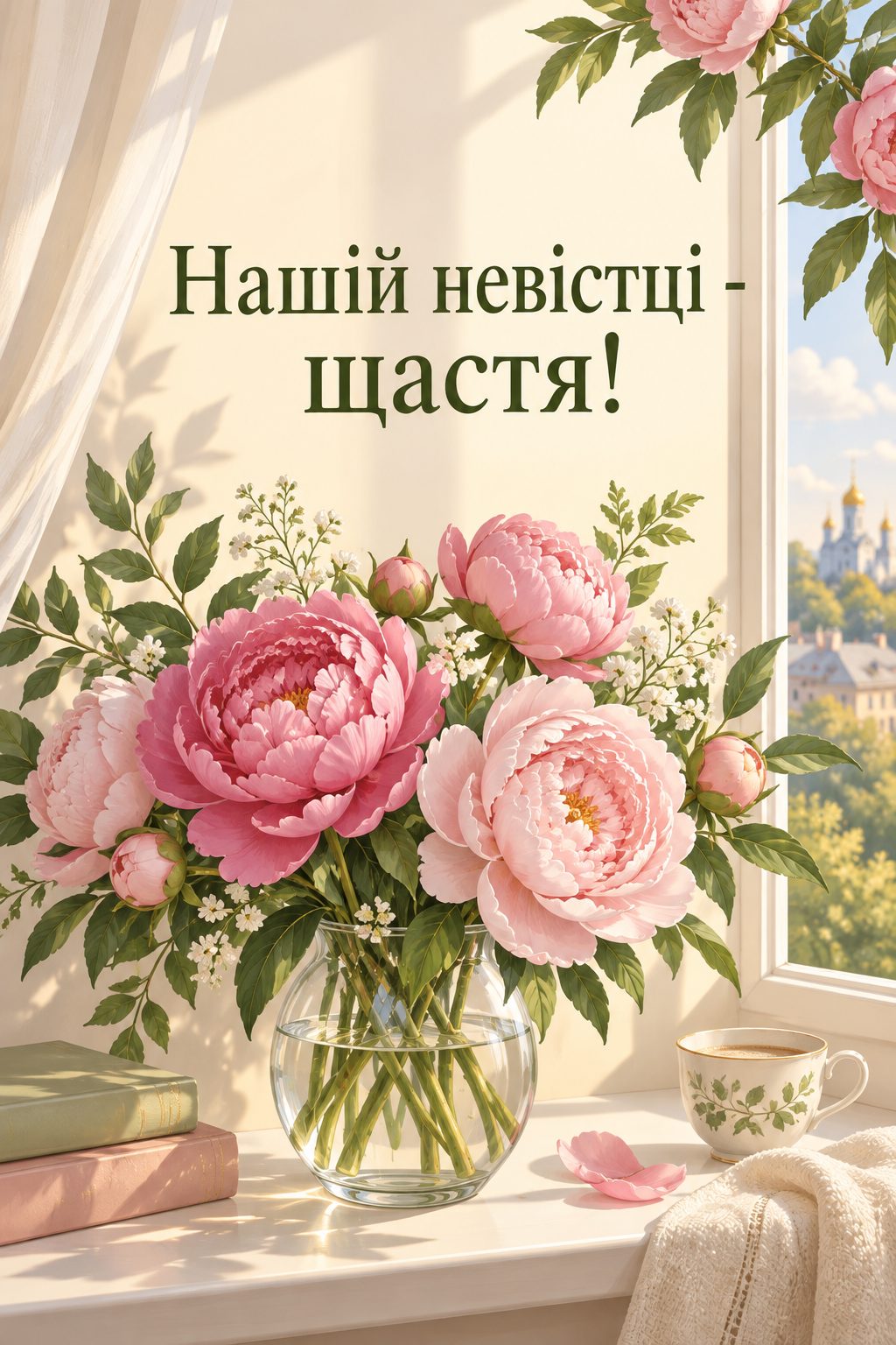 Листівка з днем народження рідним по шлюбу: півонії у вазі на підвіконні, напис «Нашій невістці - щастя!»