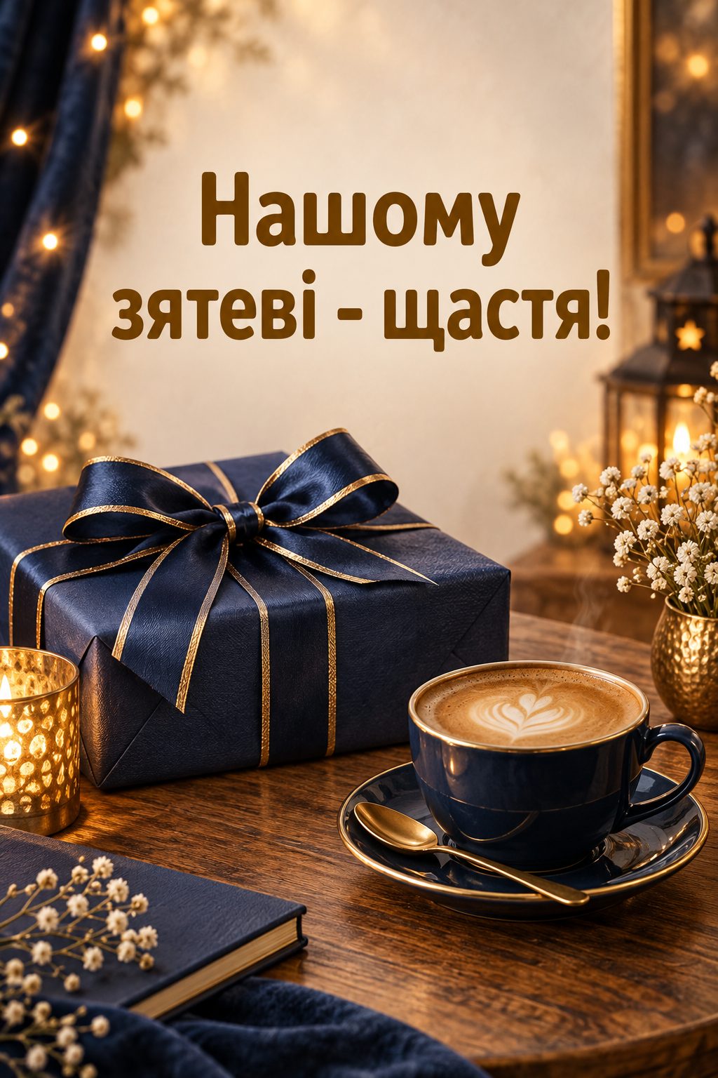 Листівка з днем народження рідним по шлюбу: подарунок із синьою стрічкою й кава, напис «Нашому зятеві - щастя!»