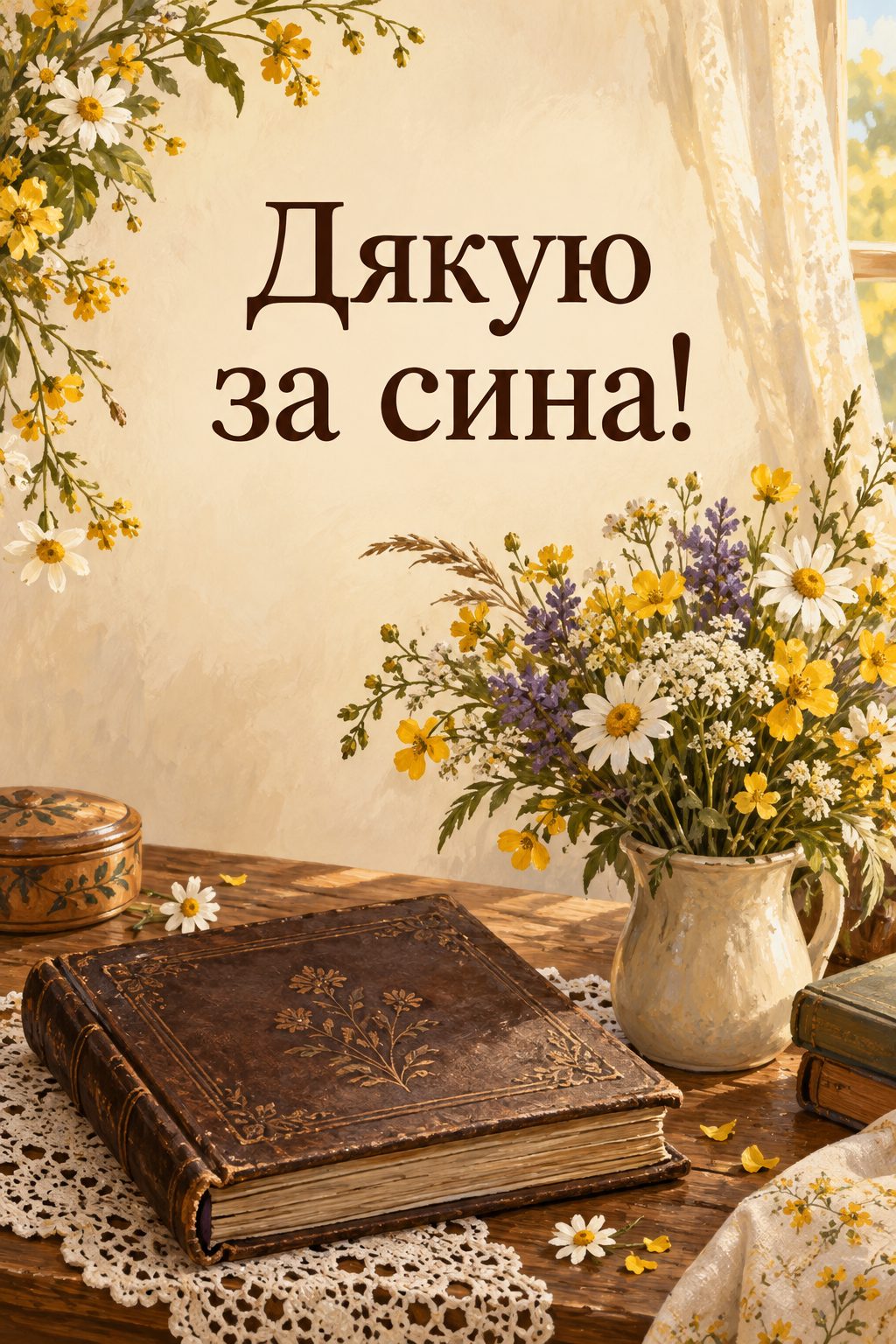 Листівка з днем народження рідним по шлюбу: закритий родинний альбом і букет польових квітів, напис «Дякую за сина!»