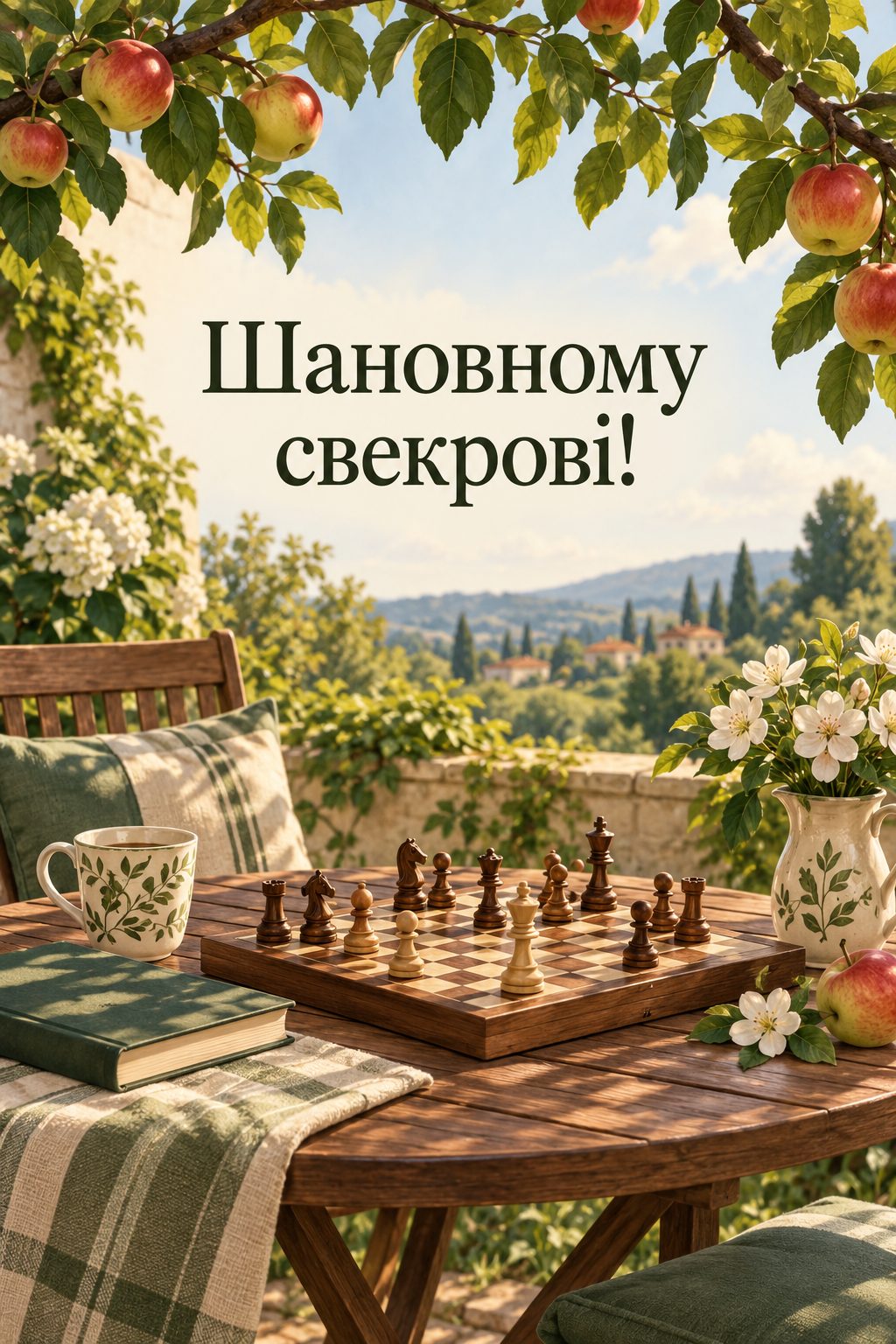 Листівка з днем народження рідним по шлюбу: шахівниця на садовому столі під яблунею, напис «Шановному свекрові!»