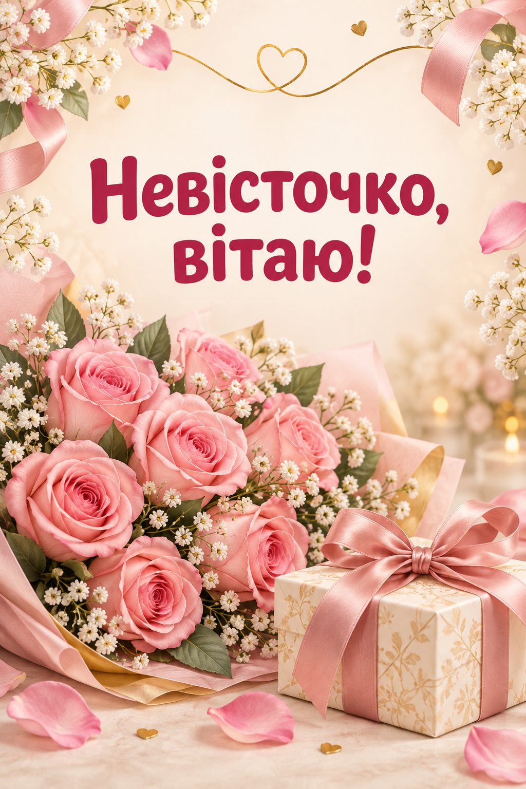 Листівка з днем народження рідним по шлюбу: букет рожевих троянд і подарунок, напис «Невісточко, вітаю!»