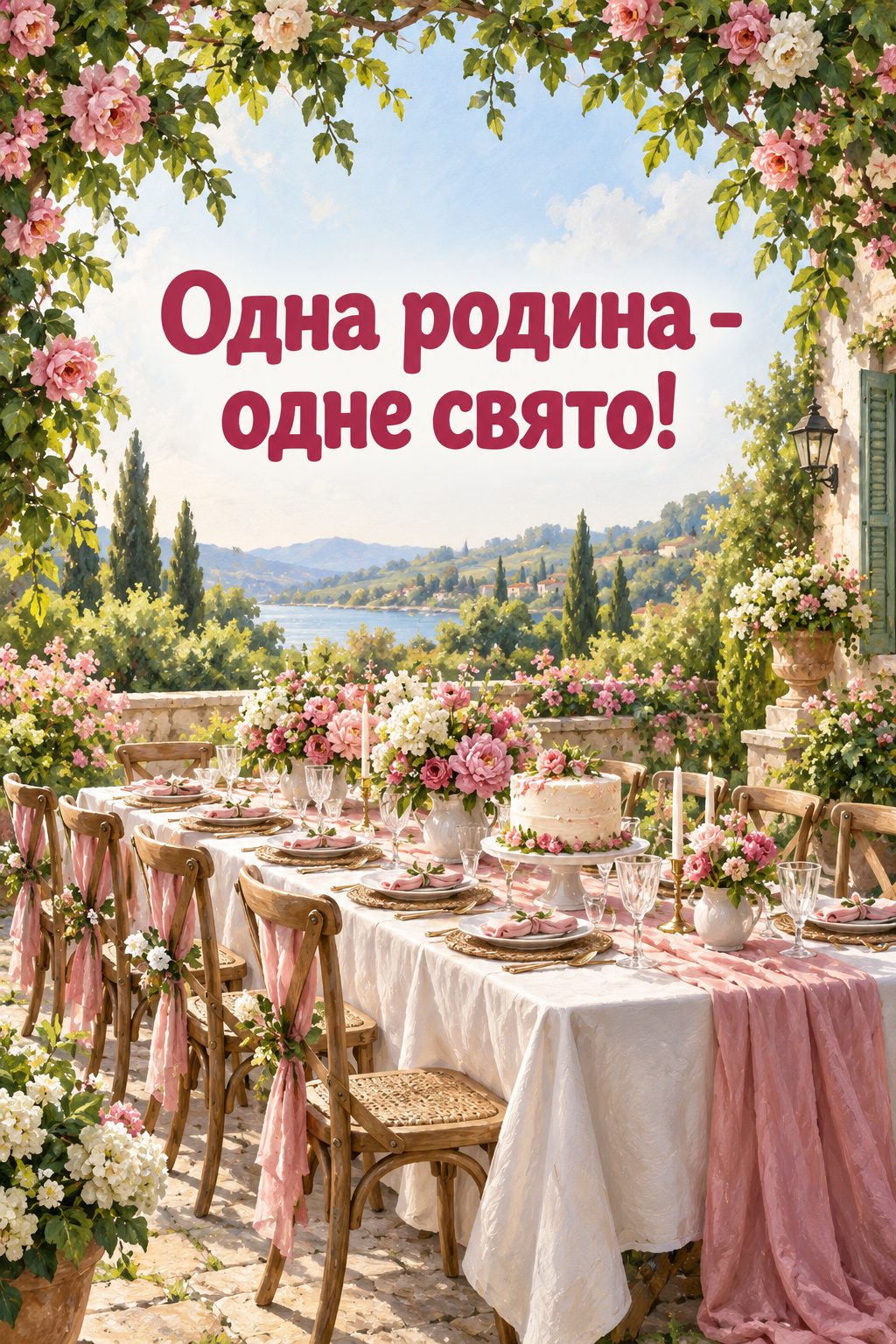 Листівка з днем народження рідним по шлюбу: довгий святковий стіл у саду з тортом і квітами, напис «Одна родина - одне свято!»