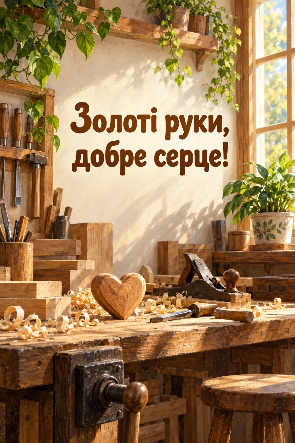 Листівка з днем народження рідним по шлюбу: майстерня з інструментами й дерев'яне серце, напис «Золоті руки, добре серце!»