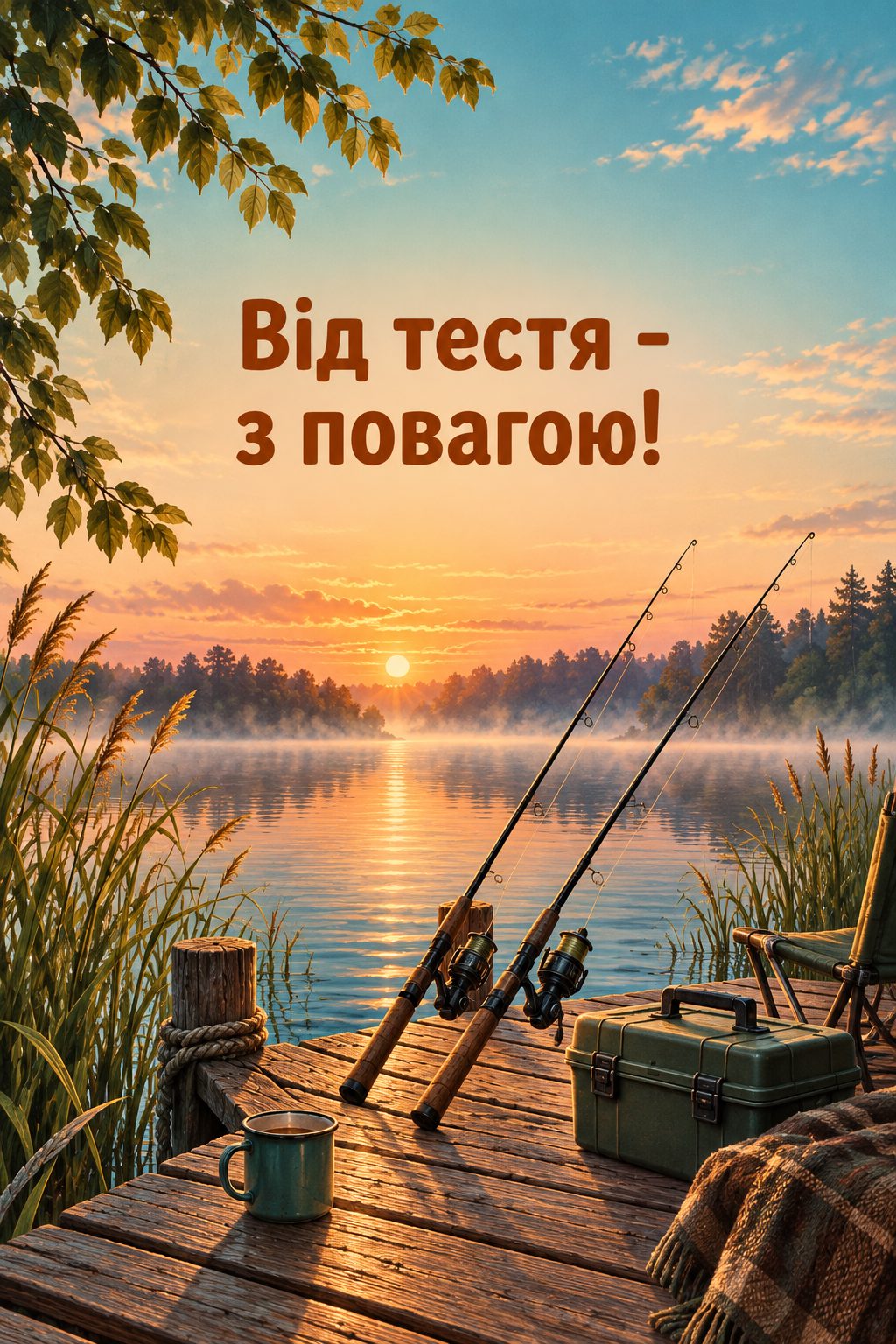 Листівка з днем народження рідним по шлюбу: дві вудки й ящик для снастей на причалі, напис «Від тестя - з повагою!»