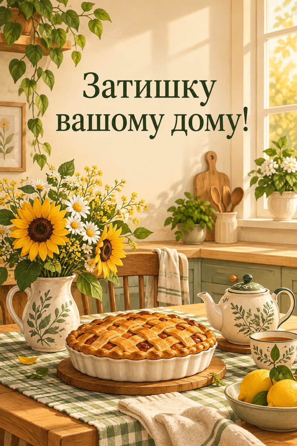 Листівка з днем народження рідним по шлюбу: сонячна кухня з пирогом, чайником і квітами, напис «Затишку вашому дому!»