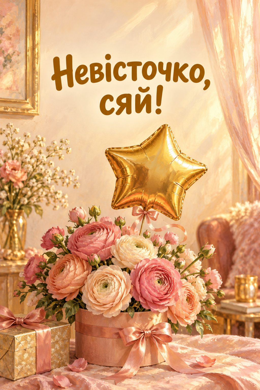 Листівка з днем народження рідним по шлюбу: золота кулька-зірка над букетом, напис «Невісточко, сяй!»