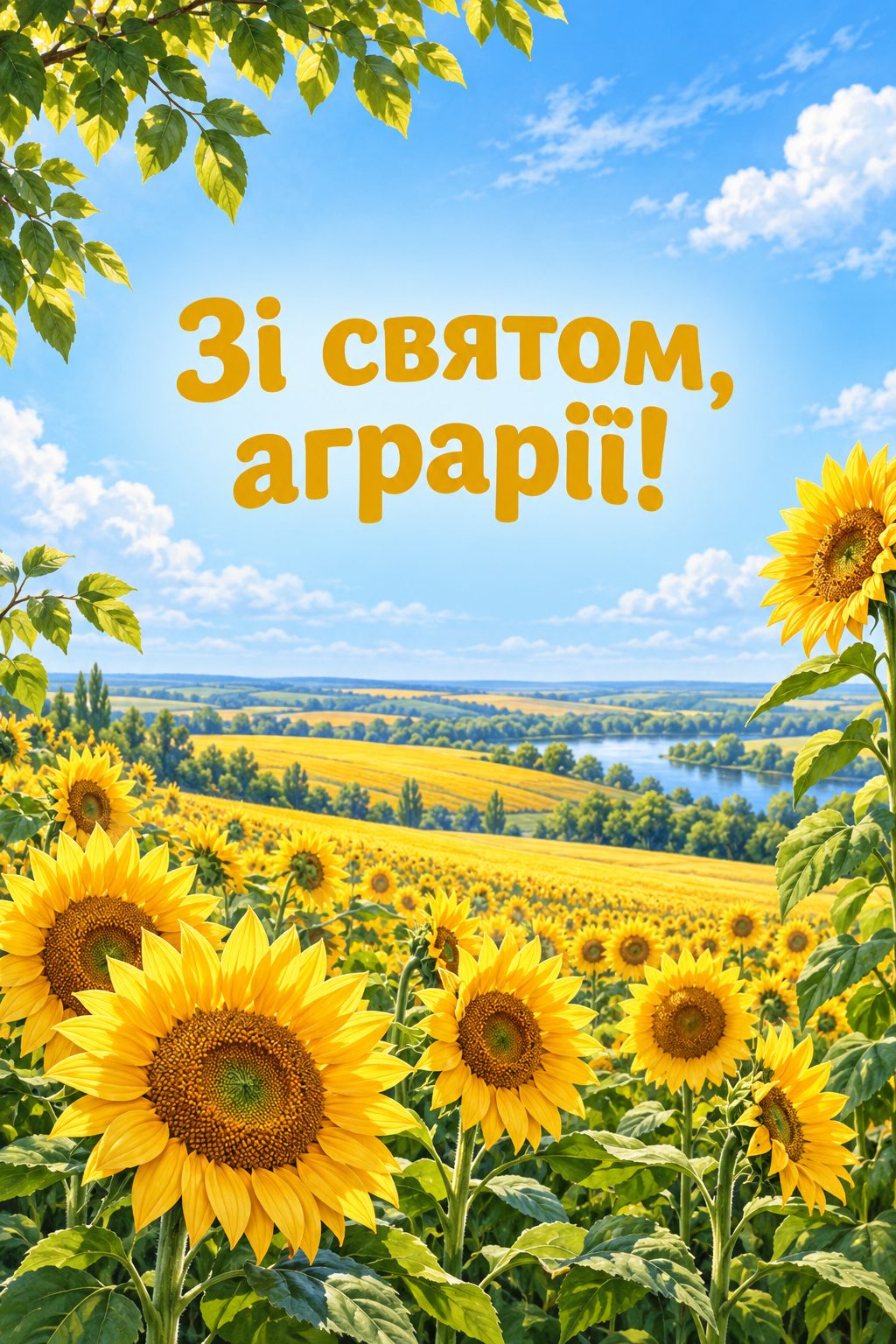 Листівка з Днем працівників сільського господарства: соняшникові поля під синім небом, напис «Зі святом, аграрії!»