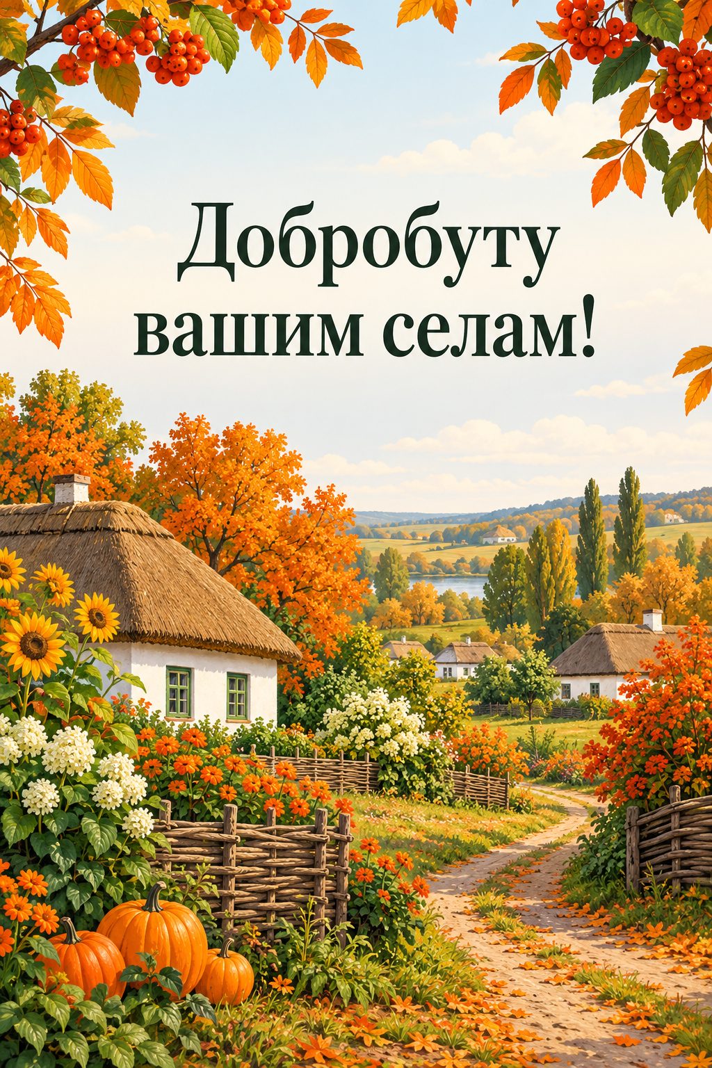 Листівка з Днем працівників сільського господарства: українське село з білими хатами й садами восени, напис «Добробуту вашим селам!»