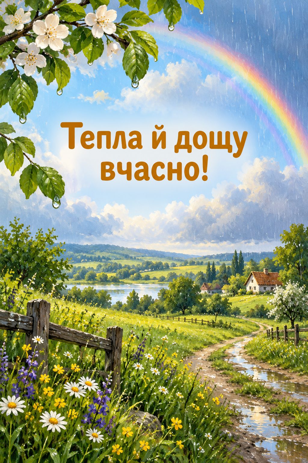 Листівка з Днем працівників сільського господарства: лагідний дощ над зеленими полями й веселка, напис «Тепла й дощу вчасно!»