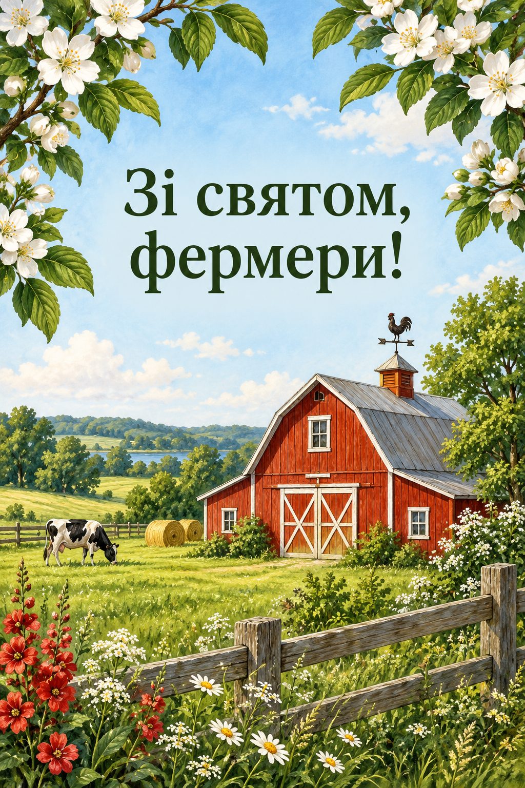 Листівка з Днем працівників сільського господарства: червона клуня з флюгером і зелений луг, напис «Зі святом, фермери!»