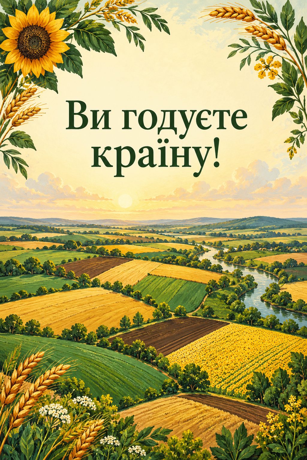 Листівка з Днем працівників сільського господарства: клаптики різнокольорових полів згори, напис «Ви годуєте країну!»