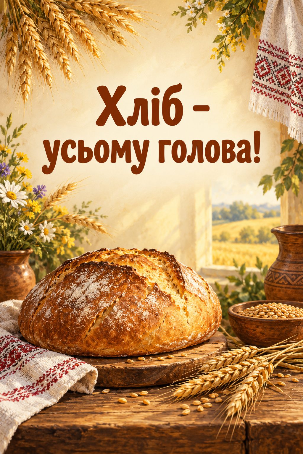 Листівка з Днем працівників сільського господарства: свіжий хліб і колоски на дерев'яному столі, напис «Хліб - усьому голова!»