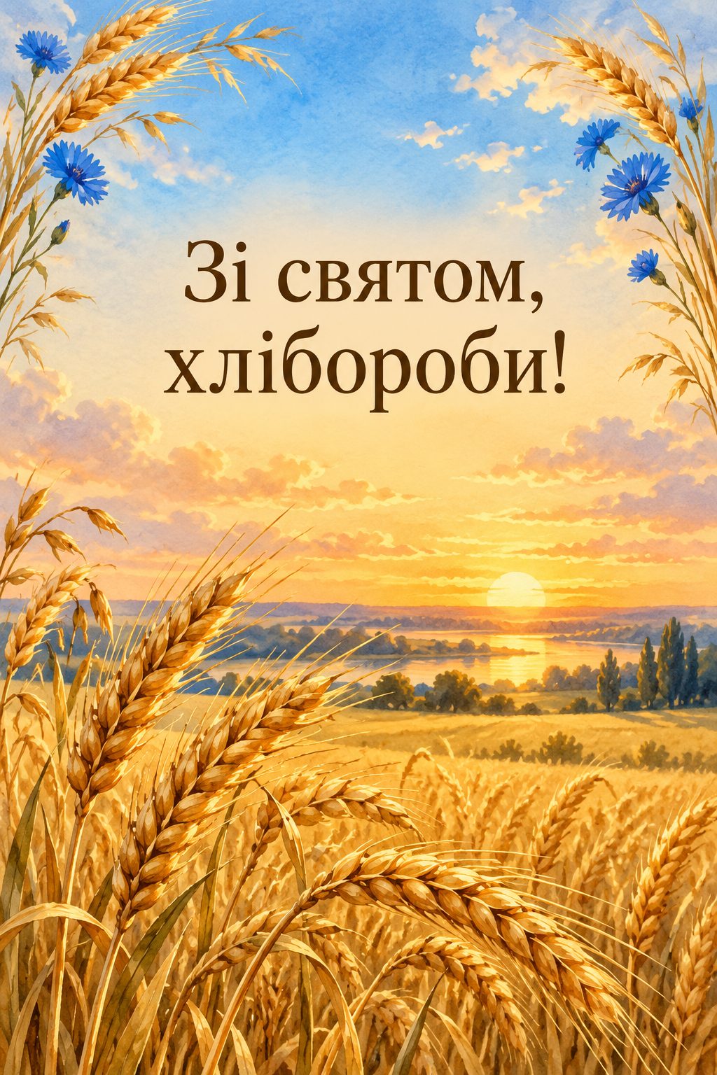 Листівка з Днем працівників сільського господарства: колоски пшениці на тлі заходу сонця, напис «Зі святом, хлібороби!»