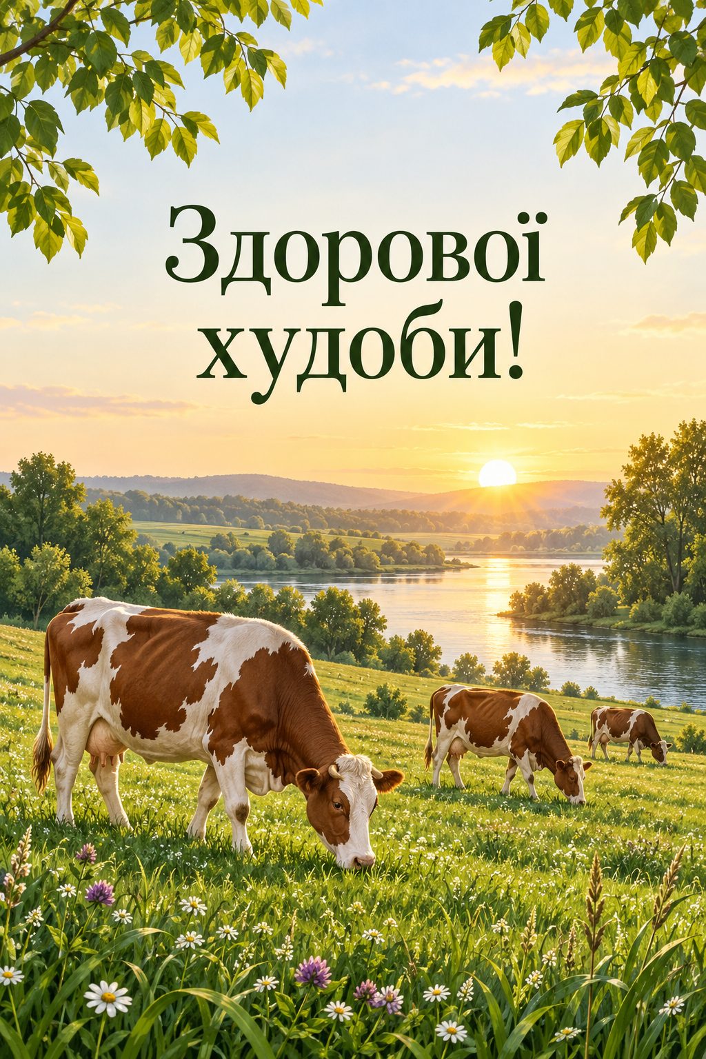 Листівка з Днем працівників сільського господарства: корови пасуться на лузі біля річки на світанку, напис «Здорової худоби!»