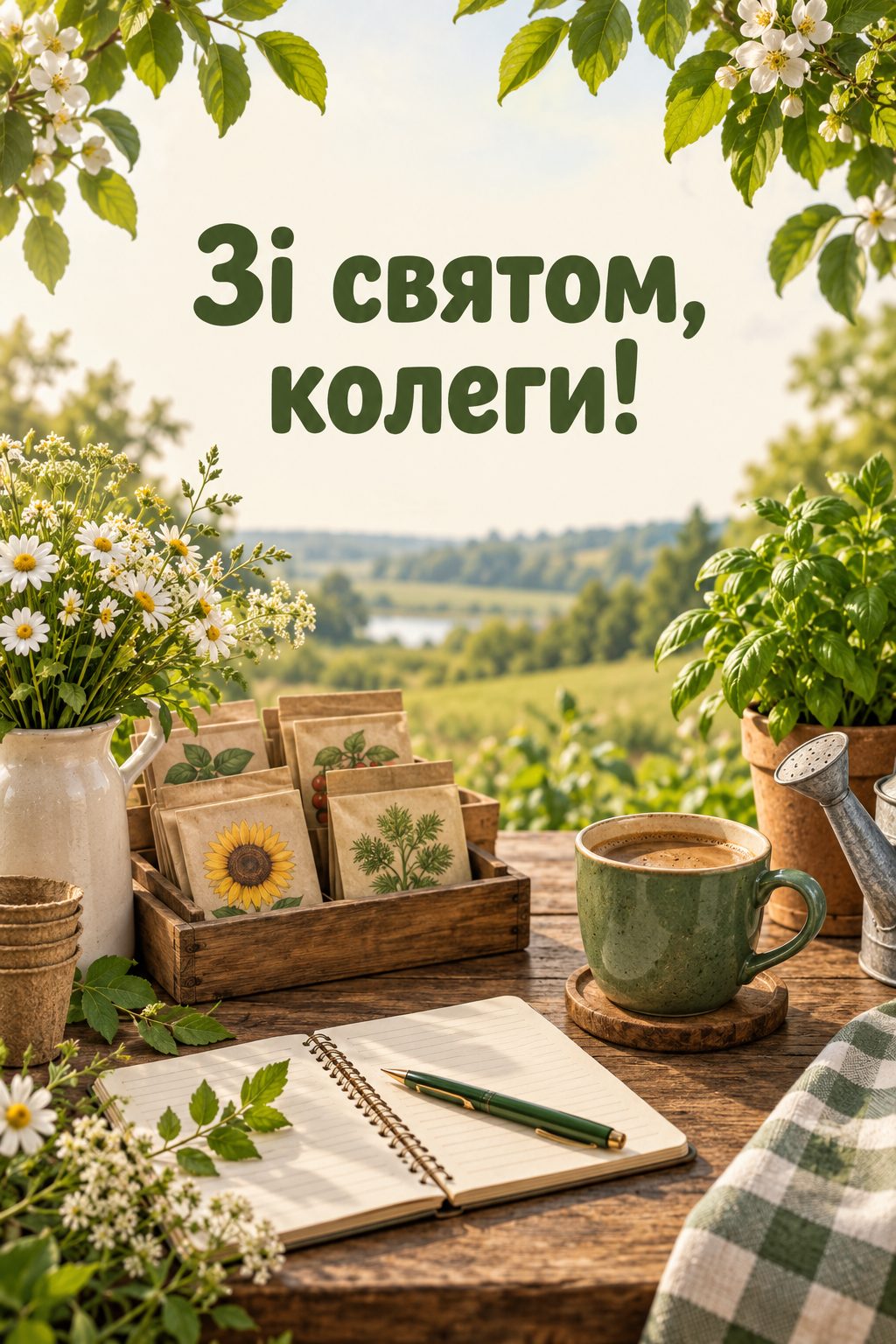 Листівка з Днем працівників сільського господарства: стіл із пакетиками насіння, блокнотом і кавою, напис «Зі святом, колеги!»