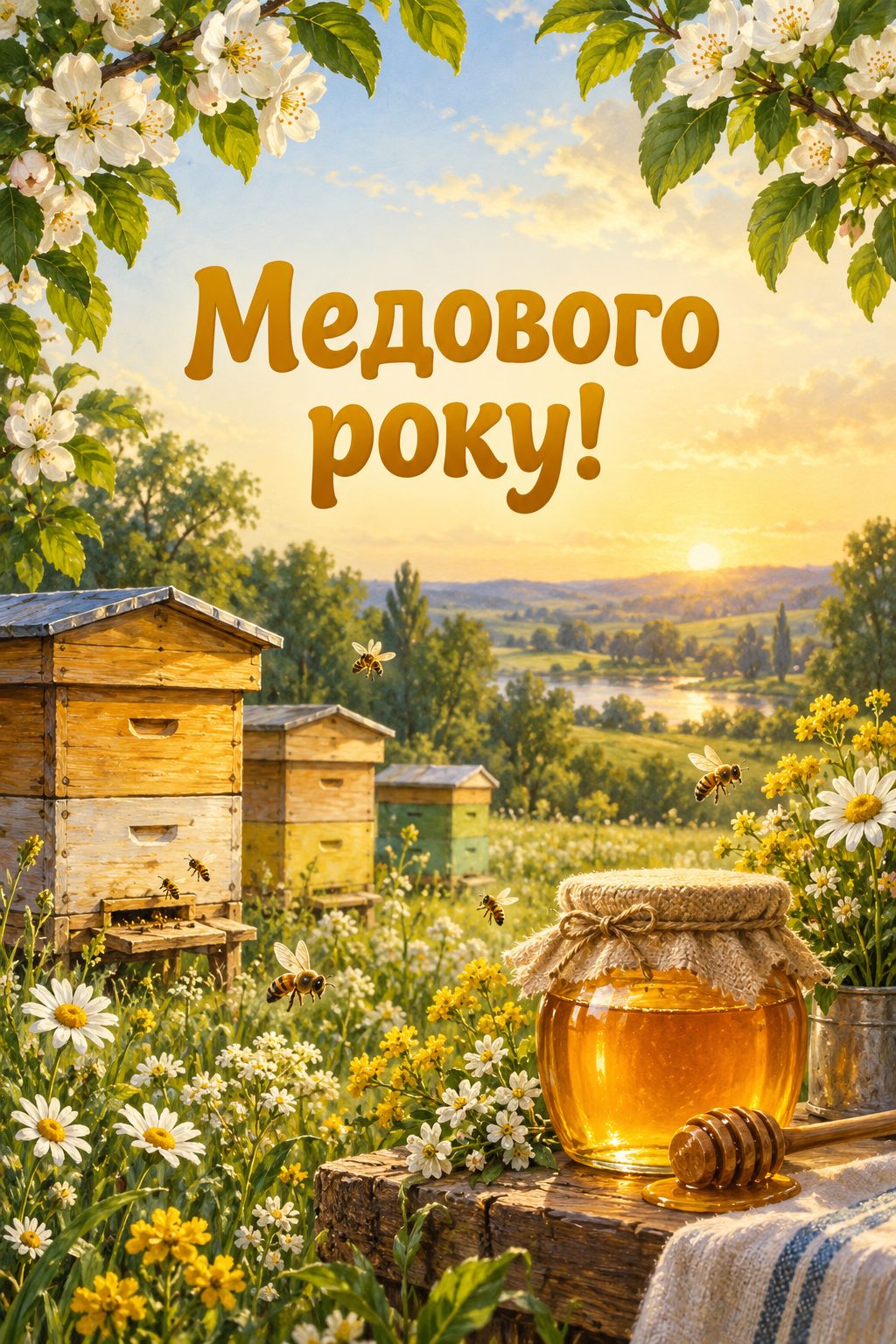 Листівка з Днем працівників сільського господарства: дерев'яні вулики на квітучому лузі й банка меду, напис «Медового року!»