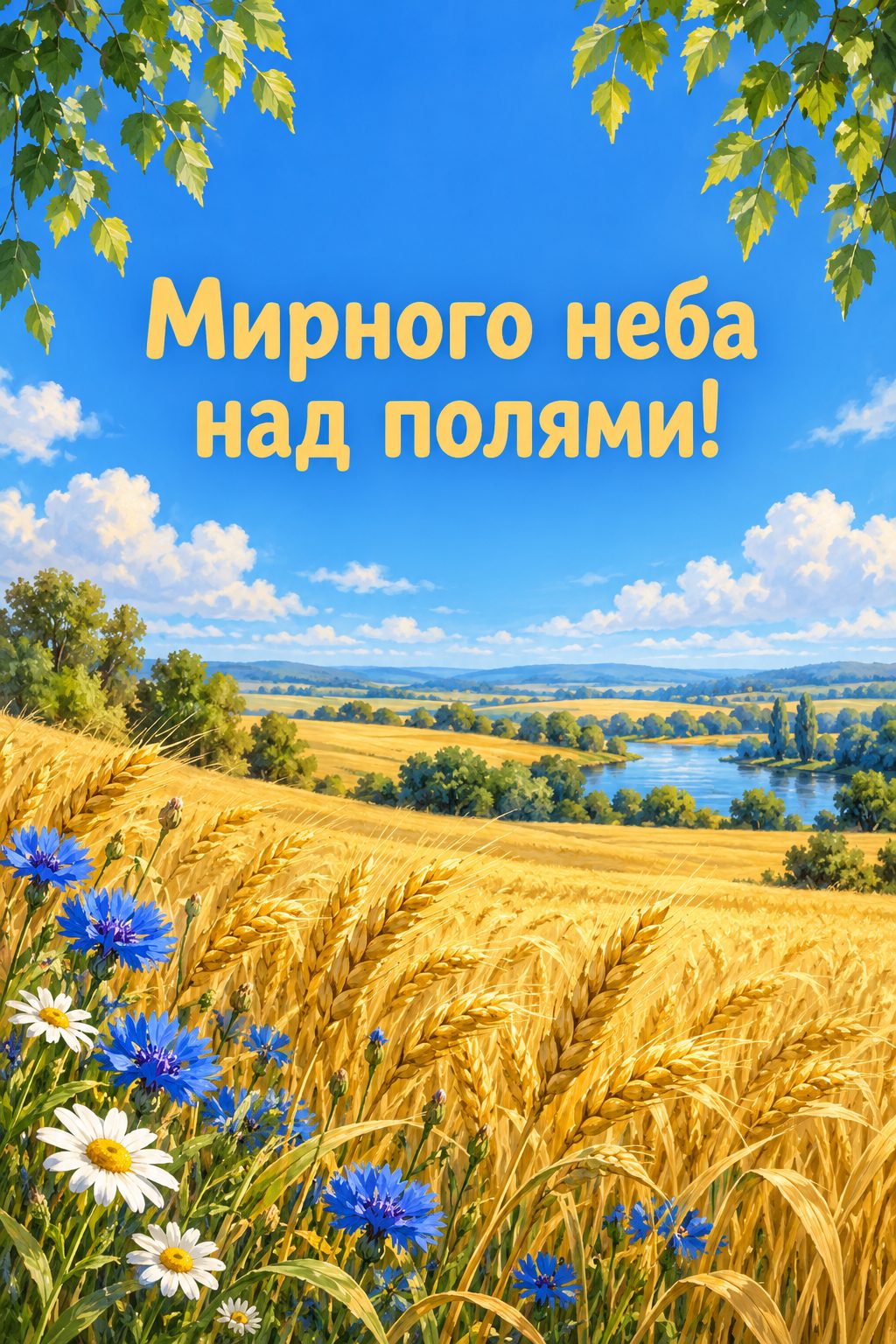 Листівка з Днем працівників сільського господарства: мирне пшеничне поле під ясним синім небом, напис «Мирного неба над полями!»