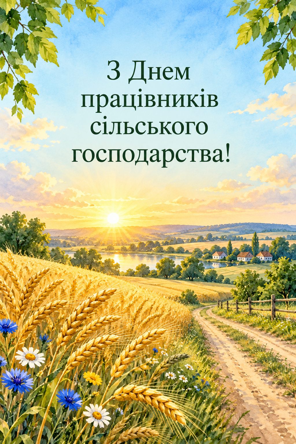 Листівка з Днем працівників сільського господарства: золоті пшеничні поля на світанку й сільська дорога, напис «З Днем працівників сільського господарства!»