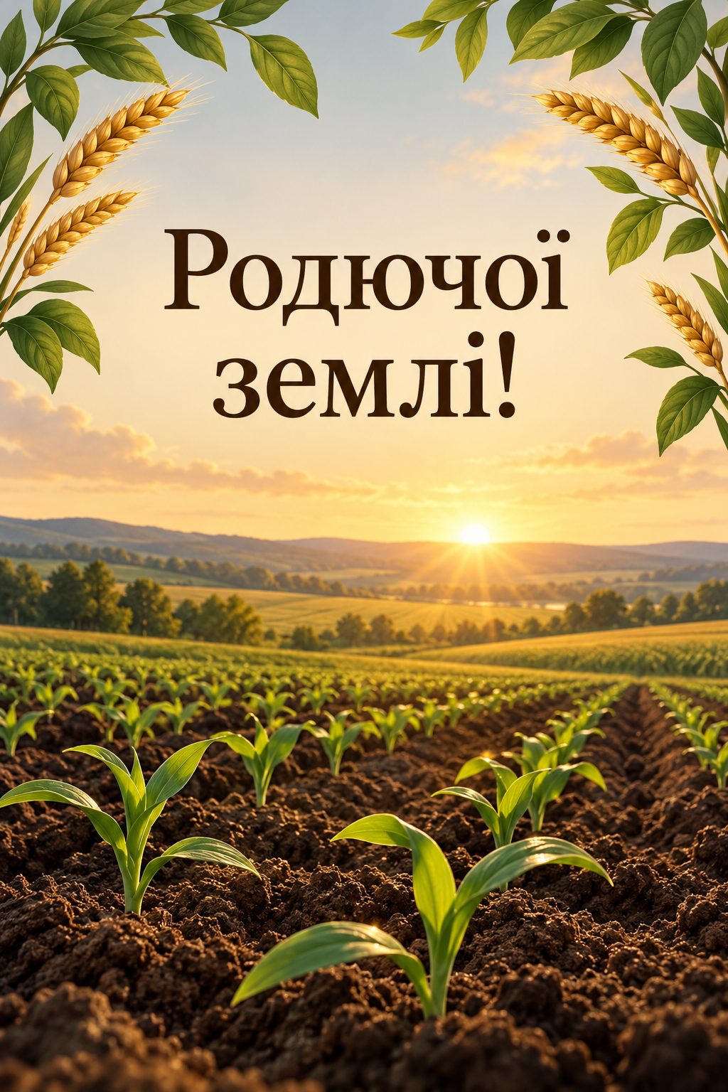 Листівка з Днем працівників сільського господарства: родючий чорнозем із рядками молодих паростків, напис «Родючої землі!»