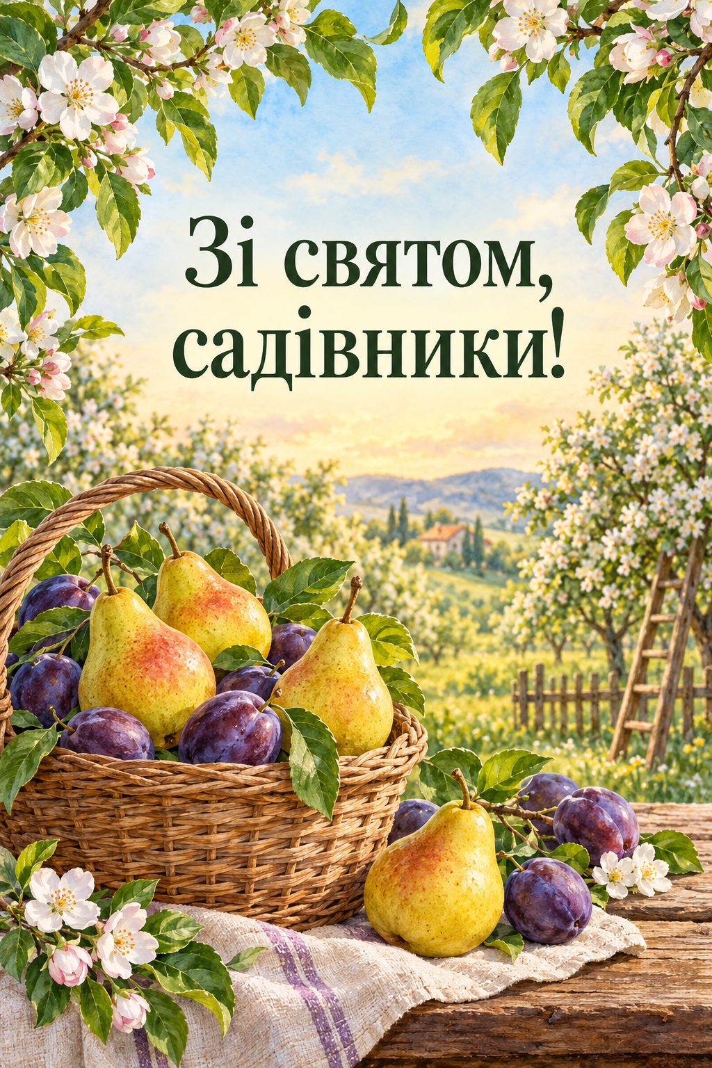 Листівка з Днем працівників сільського господарства: квітучий сад і кошик груш і слив, напис «Зі святом, садівники!»