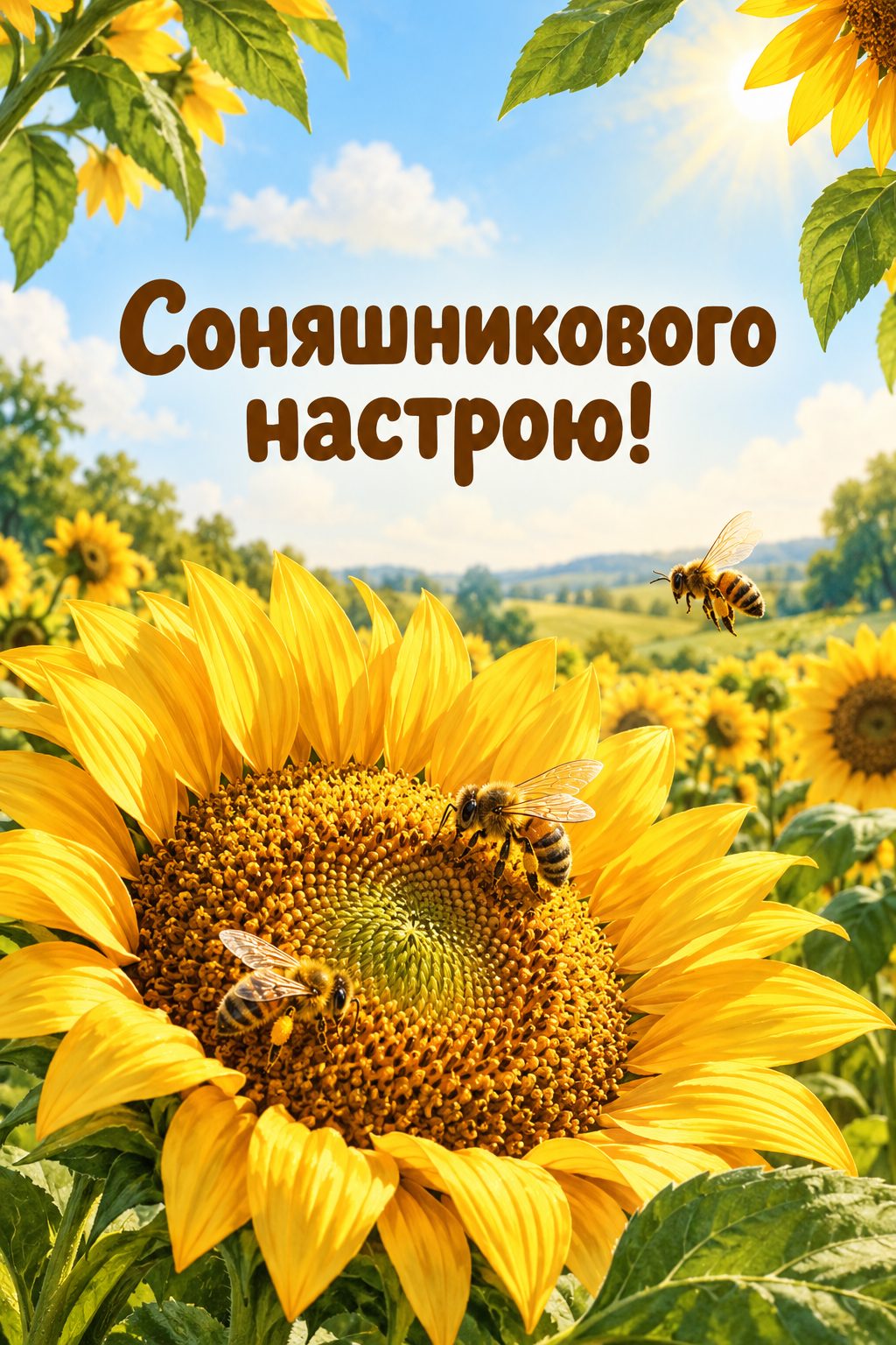 Листівка з Днем працівників сільського господарства: великий соняшник із бджолами, напис «Соняшникового настрою!»