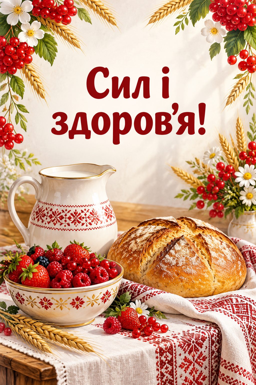 Листівка з Днем працівників сільського господарства: глечик молока, хліб і миска ягід на столі, напис «Сил і здоров'я!»