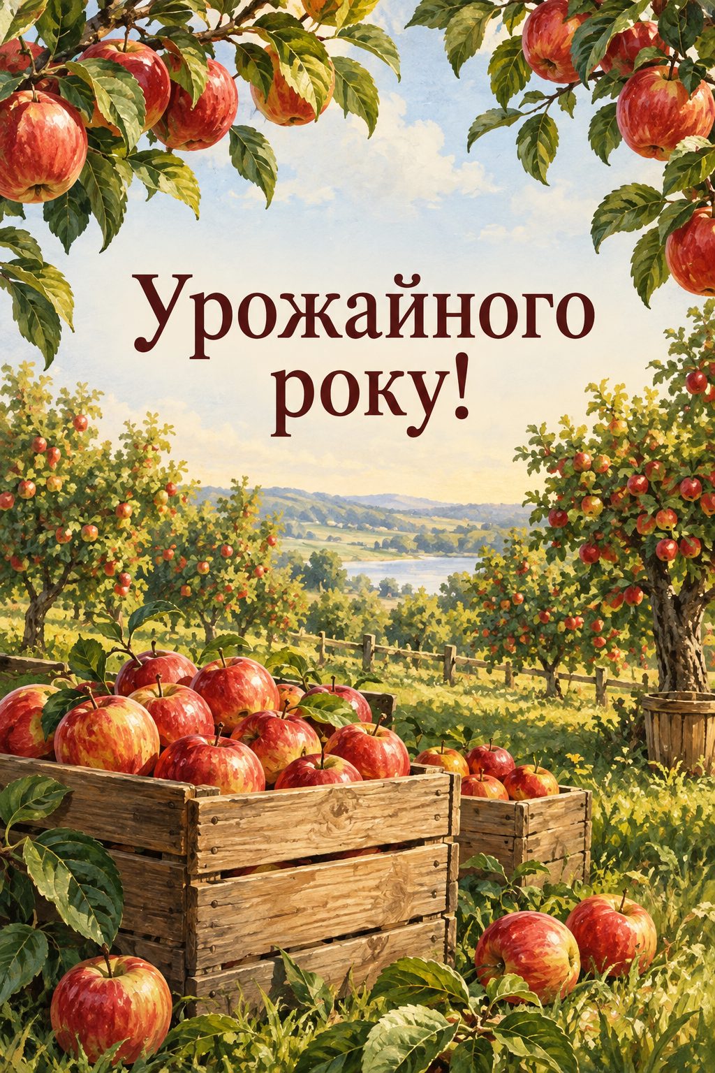 Листівка з Днем працівників сільського господарства: яблуневий сад зі стиглими яблуками й ящиками, напис «Урожайного року!»