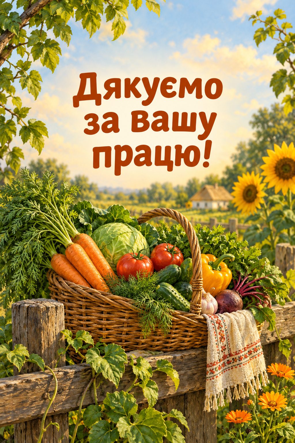 Листівка з Днем працівників сільського господарства: кошик свіжих овочів і зелені на паркані, напис «Дякуємо за вашу працю!»