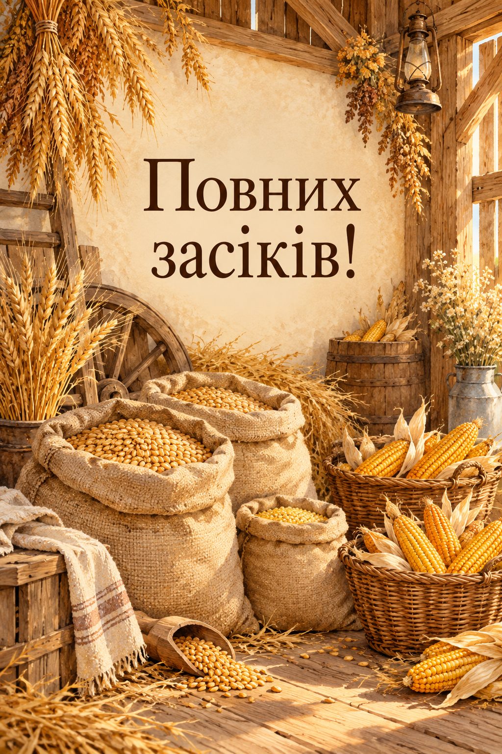 Листівка з Днем працівників сільського господарства: мішки зерна й кошики кукурудзи в дерев'яній клуні, напис «Повних засіків!»