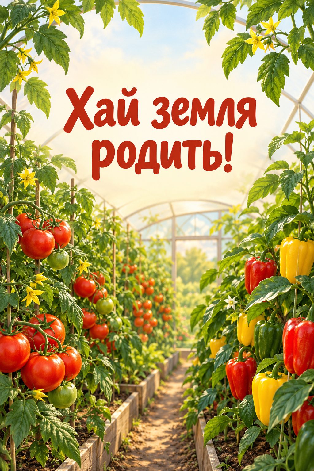 Листівка з Днем працівників сільського господарства: рядки стиглих помідорів і перцю в теплиці, напис «Хай земля родить!»