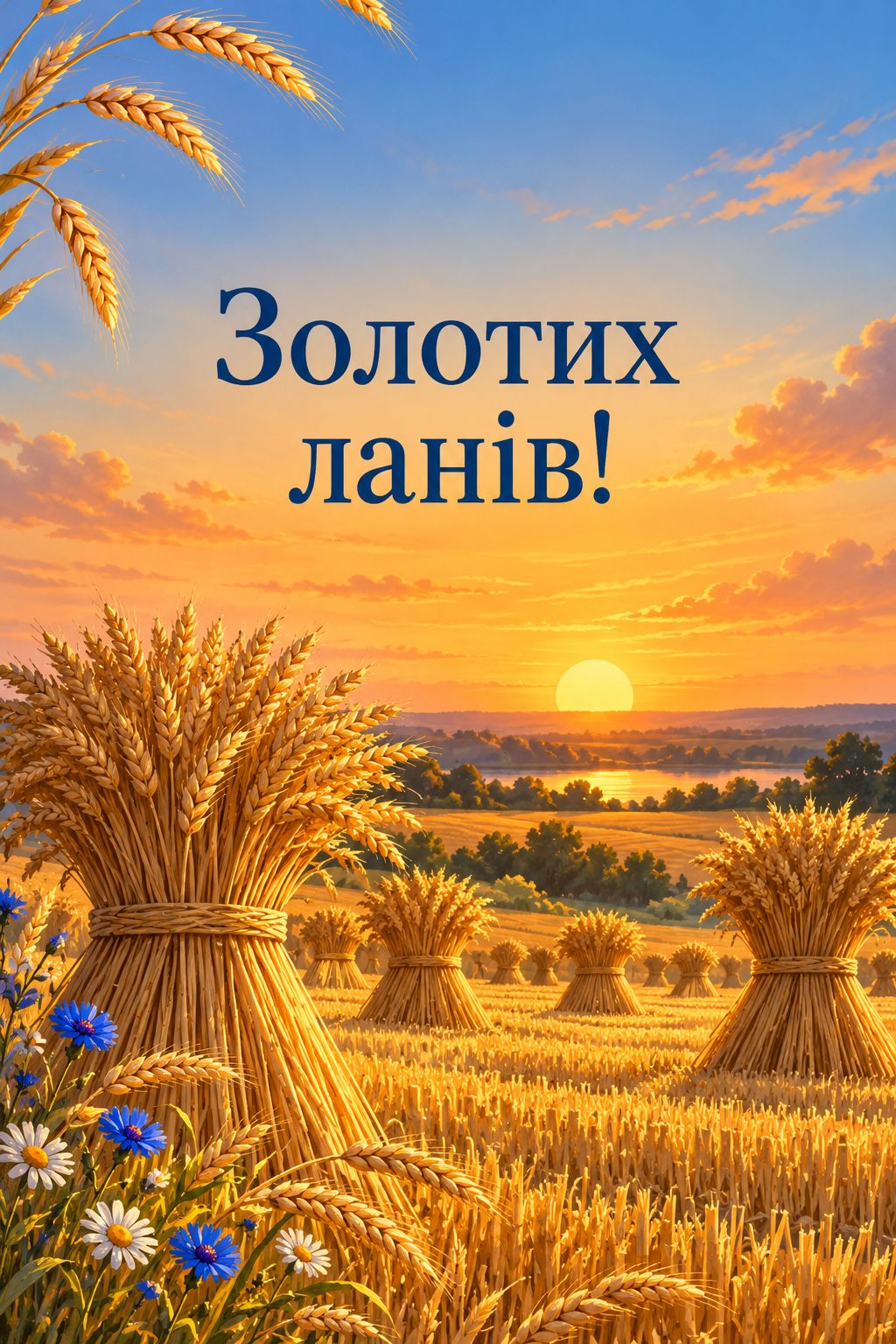 Листівка з Днем працівників сільського господарства: снопи пшениці на зжатому полі на заході сонця, напис «Золотих ланів!»
