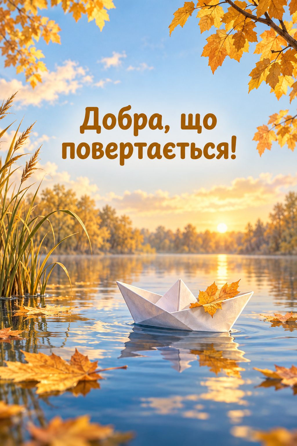 Листівка з Днем працівників соціальної сфери: паперовий човник на ставку з осіннім листям, напис «Добра, що повертається!»