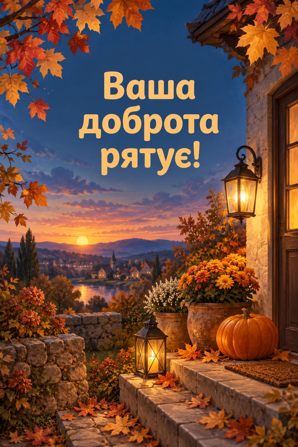 Листівка з Днем працівників соціальної сфери: запалений ліхтар на ґанку будиночка осіннього вечора, напис «Ваша доброта рятує!»